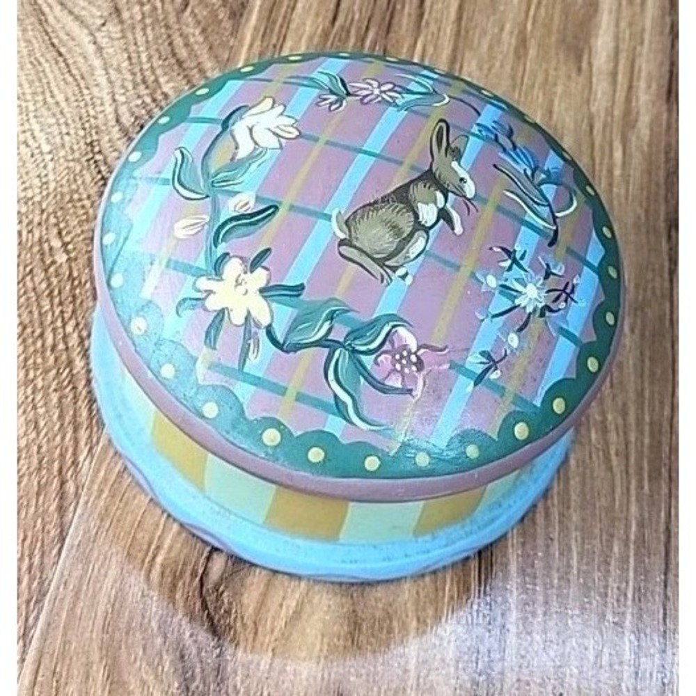 Vtg 90s Hallmark Easter Wooden Trinket Box Bunny Rabbit Floral Painted Jewelry